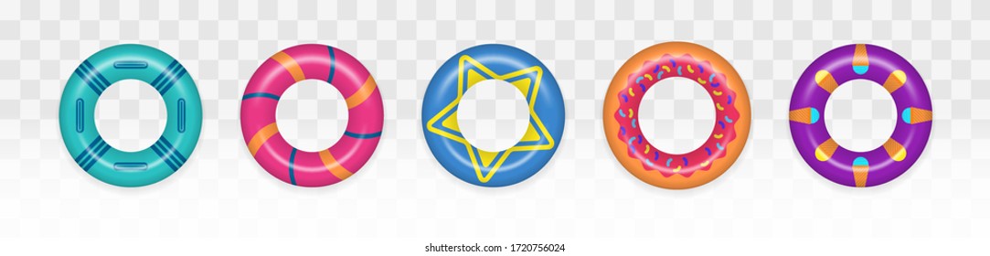 Swim rings set on transparent background. Summer vacation or trip safety. Set of realistic swimming rings. Lifebuoy colorful collection. Summer, water and beach theme. Vector illustration, EPS 10.