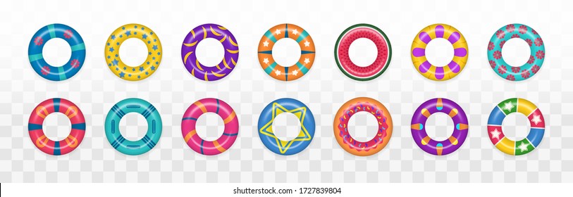 Swim rings set on transparent background. Summer vacation or trip safety. Set of realistic swimming rings. Lifebuoy colorful collection. Summer, water and beach theme. Vector illustration, EPS 10.