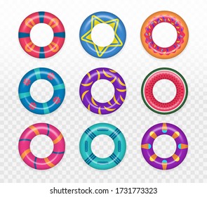 Swim rings set on transparent background. Summer vacation or trip safety. Set of realistic swimming rings. Lifebuoy colorful collection. Summer, water and beach theme. Vector illustration, EPS 10.