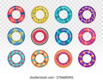 Swim rings set on transparent background. Summer vacation or trip safety. Set of realistic swimming rings. Lifebuoy colorful collection. Summer, water and beach theme. Vector illustration, EPS 10.
