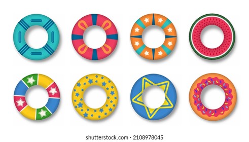 Swim rings set on transparent background. Summer vacation or trip safety. Set of realistic swimming rings. Lifebuoy colorful collection. Summer, water and beach theme.