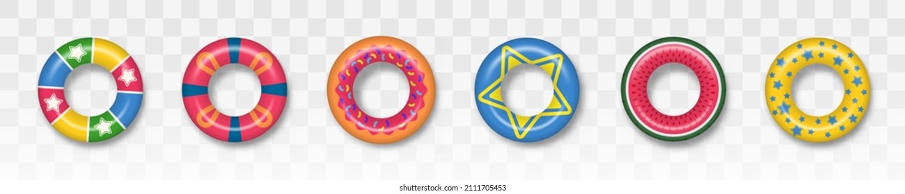 Swim rings set on transparent background. Summer vacation or trip safety. Set of realistic swimming rings. Lifebuoy colorful collection. Summer, water and beach theme.