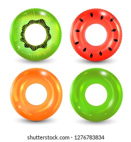 Swim rings set on white background. Inflatable rubber toy. Lifebuoy colorful vector collection. Summer. Realistic summertime illustration. Summer vacation or trip safety.