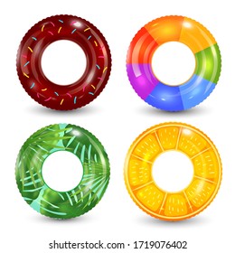 Swim rings set on white background. Inflatable rubber toy. Lifebuoy colorful vector collection. Summer. Realistic summertime illustration. Summer vacation or trip safety.
