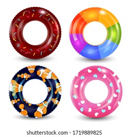 Swim rings set on white background. Inflatable rubber toy. Lifebuoy colorful vector collection. Summer. Realistic summertime illustration. Summer vacation or trip safety.