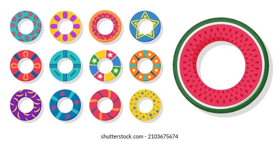 Swim rings set on white background. Summer vacation or trip safety. Set of realistic swimming rings. Lifebuoy colorful collection. Summer, water and beach theme. Vector illustration in flat design.