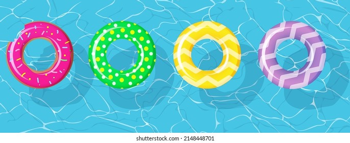 Swim rings set for summer party. Inflatable rubber toy colorful collection. Top view swimming circle for ocean, sea, pool. Lifebyou swimming rings. Summer vacation or trip safety. Watermelon, kiwi