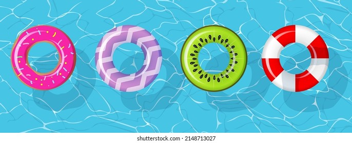 Swim rings set for summer party. Inflatable rubber toy colorful collection. Top view swimming circle for ocean, sea, pool. Lifebyou swimming rings. Summer vacation or trip safety. Kiwi