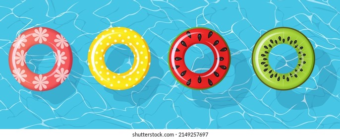 Swim rings set for summer party. Inflatable rubber toy colorful collection. Top view swimming circle for ocean, sea, pool. Lifebyou swimming rings. Summer vacation or trip safety. Watermelon, kiwi