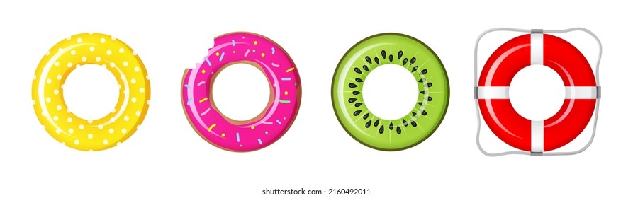 Swim rings set for summer party . Inflatable rubber toy colorful collection. Kiwi, donut. Top view swimming circle for ocean, sea, pool. Lifebyou swimming rings. Summer vacation or trip safety 