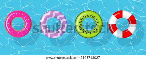 Swim\
rings set for summer party. Inflatable rubber toy colorful\
collection. Top view swimming circle for ocean, sea, pool. Lifebyou\
swimming rings. Summer vacation or trip safety.\
Kiwi