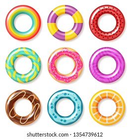 Swim rings. Swimming inflatable ring colorful buoy pool kids float inflatables toys beach children lifesaver summer realistic vector collection