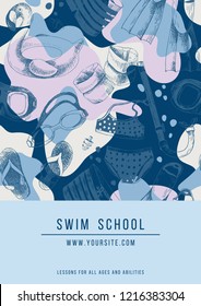 Swim school banner with hand drawn swimming accessories and place for your text. Vector illustration