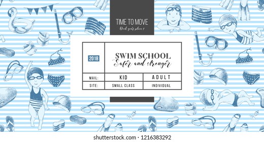 Swim school horizontal banner with kids swimming. Vector illustration