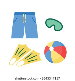 swim set, diving mask, shorts, flippers, beach ball, colorful vector design elements for summer holiday