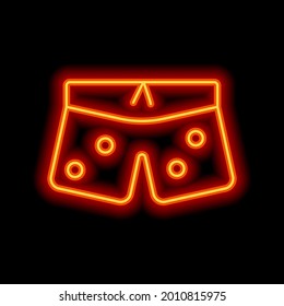 Swim short or underwear clothes. Orange neon style on black background. Light linear icon with editable stroke