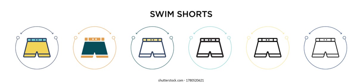 Swim shorts icon in filled, thin line, outline and stroke style. Vector illustration of two colored and black swim shorts vector icons designs can be used for mobile, ui, web