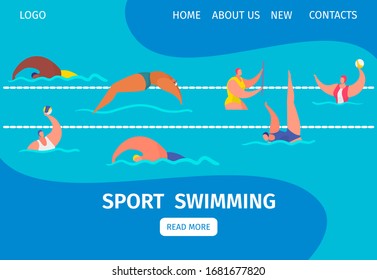 Swim sport web banner with people professional swimmers in swimming pool, cartoon vector illustration. Diving, water polo and swimming sport activity, fitness webpage.