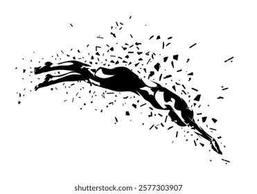 Swim start, woman starting swimmimg, isolated vector silhouette, distorted illustration