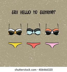 Swim suits women collection, illustration of women's bikini. Hand drawn vector illustration, swimsuit bikini design. Say hello to summer. Summer bikini clothes.