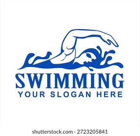 Nadador de la silueta de la Ilustración vectorial del logotipo del equipo de la natación en agua de la onda