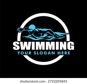 Nadador de la silueta de la Ilustración vectorial del logotipo del equipo de la natación en agua de la onda