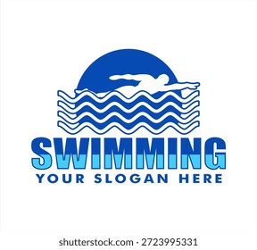 Nadador de la silueta de la Ilustración vectorial del logotipo del equipo de la natación en agua de la onda