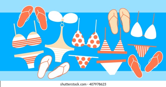 Swim Wear Collection Flip Flops Set Summer Vacation Flat Vector Illustration