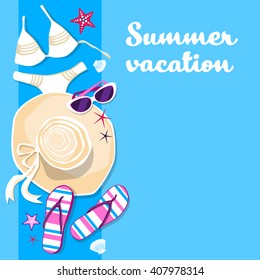 Swim Wear Hat Flip Flops Set Summer Vacation Banner With Copy Space Flat Vector Illustration