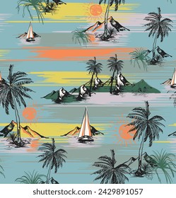 Swim wear Summer palm beach pattern design in vector file, tropical textile fabric background , suns