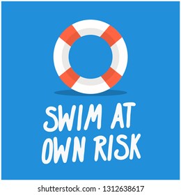 Swim At Your Own Risk Sign with Lifebuoy Illustration svg