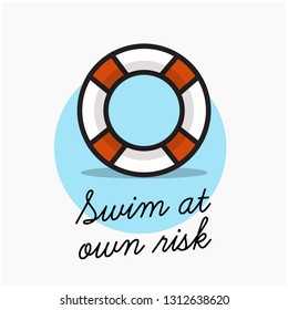 Swim At Your Own Risk Sign with Lifebuoy Illustration