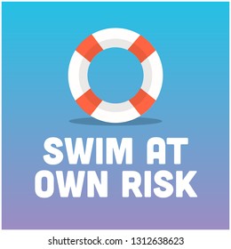 Swim At Your Own Risk Sign with Lifebuoy Illustration