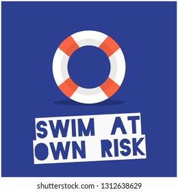 Swim At Your Own Risk Sign with Lifebuoy Illustration