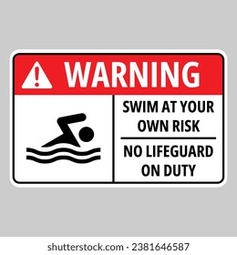 Swim at your own risk sign, no lifeguard on duty svg