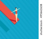 Swiming pool with a diving Board. Girl jumping on water.