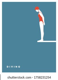 Swiming Pool With A Diving Board. Red Swimsuit Woman Jumping On Water. A Girl In A Bathing Suit Preparing To Jump From A Springboard Into The Water. Water Sports. Vector Flat Illustration.