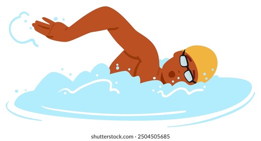 Swimmer In Action Wearing Goggles And A Swimming Cap. Image Captures The Dynamic Movement Of Swimming, Showcasing Water Splashes And Athleticism. Cartoon Vector Concept Of Swimming, Sports And Fitness