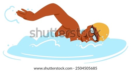 Swimmer In Action Wearing Goggles And A Swimming Cap. Image Captures The Dynamic Movement Of Swimming, Showcasing Water Splashes And Athleticism. Cartoon Vector Concept Of Swimming, Sports And Fitness