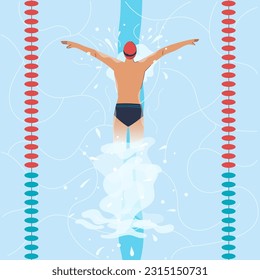 A swimmer athlete in the pool swims in the butterfly style. Sports, time trial competition or swimming lesson. View from above top. Flat vector illustration