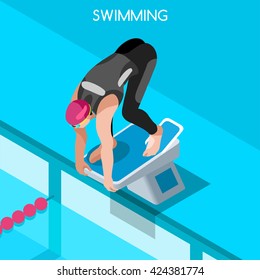 Swimmer athlete start position pedestal Sportsman Icon 3D Sport Flat Isometric Swimming Freestyle. Breaststroke Backstroke Sport Competition Race Infographic events Swimming people Vector Collection