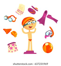 Swimmer and beach accessories set for label design. Sports equipment for swimming, diving. Cartoon detailed Illustrations