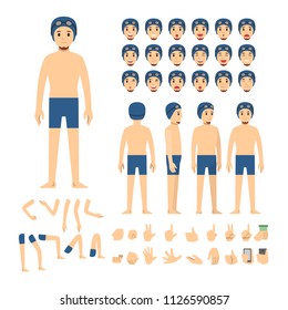 swimmer boy character set. Full length. Different view, emotion, gesture.
