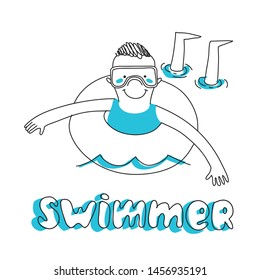 swimmer boy, vector illustration isolated on white background with a lettering title. swimming in the pool.