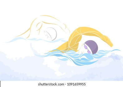 swimmer boy vector. swimming butterfly. Muscular young man in blue cap in swimming pool