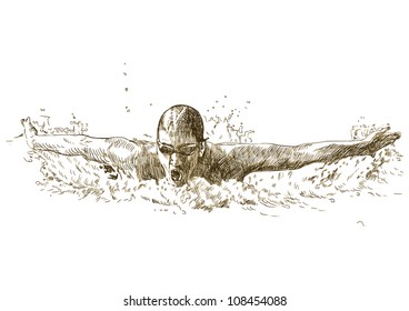 Swimmer, butterfly swiming style - hand drawing picture converted into vector