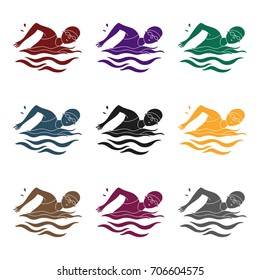 Swimmer in cap and goggles swimming in the pool.active sports single icon in black style vector symbol stock illustration.