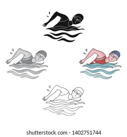 Swimmer in cap and goggles swimming in the pool.Olympic sports single icon in cartoon,black style vector symbol stock illustration.