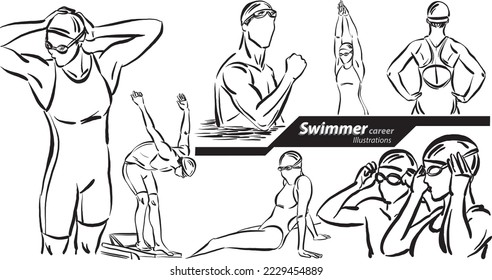 swimmer career profession work doodle design drawing vector illustration