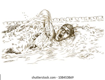 Swimmer, crawl, freestyle - Hand drawing picture converted into vector
